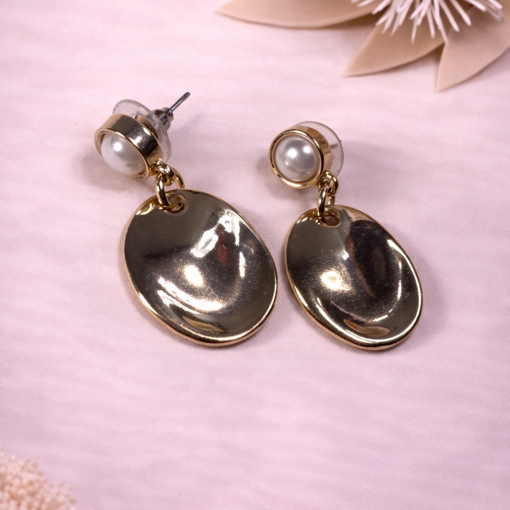 Vintage Faux Pearl Stud Gold Disc Drop Earrings Retro Minimalist 80s Dangle